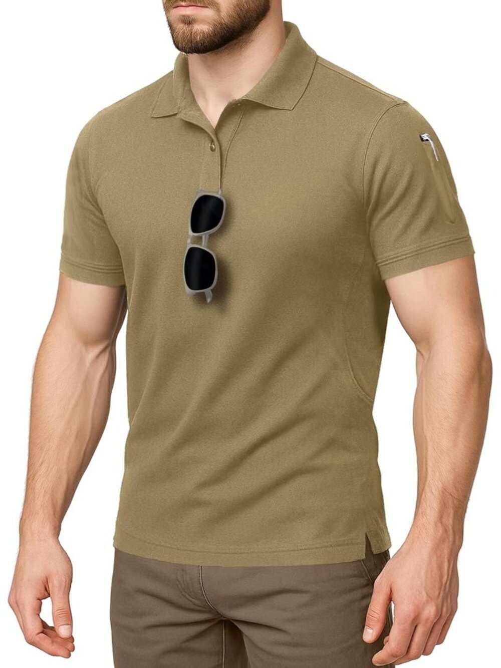 Men’s Beige UPF 50+ Quick Dry Tactical Golf Polo Shirt Short Sleeve